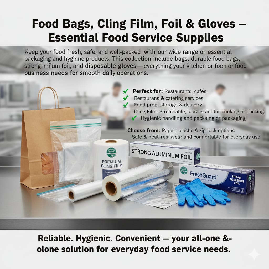 Food bags, Clingfilm, Aluminum foil, & Gloves